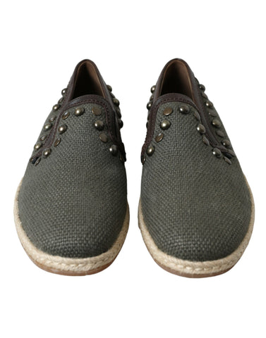 Gray linen and leather studded loafers shoes by Dolce & Gabbana with classic slip-on design and stylish detailing.