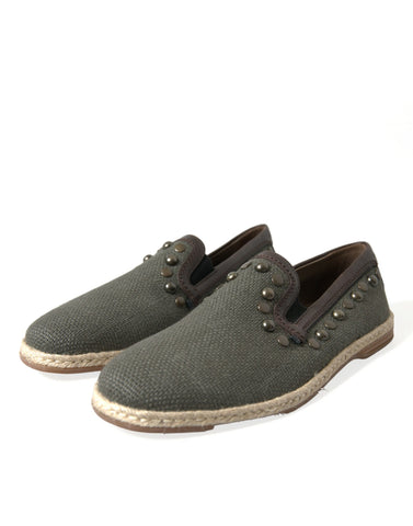 Gray linen and leather studded loafers shoes by Dolce & Gabbana with a sleek design and comfortable slip-on style.