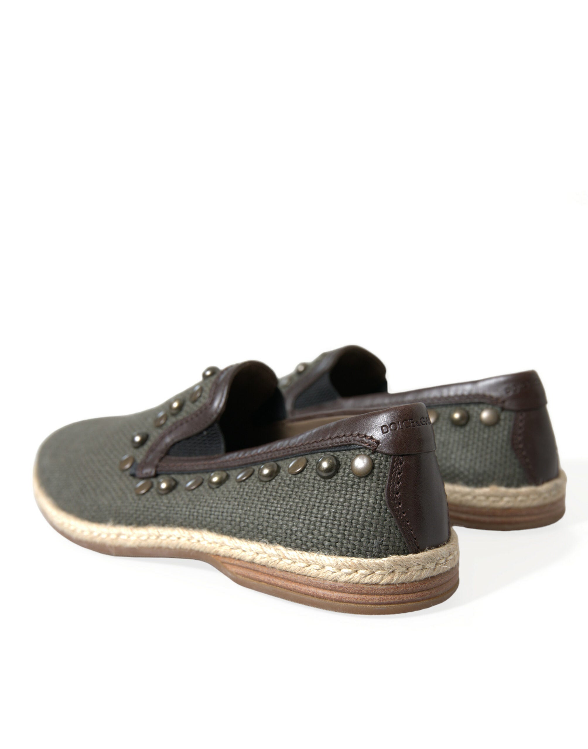 Gray linen and leather studded loafers shoes by Dolce & Gabbana, featuring a stylish and comfortable slip-on design.
