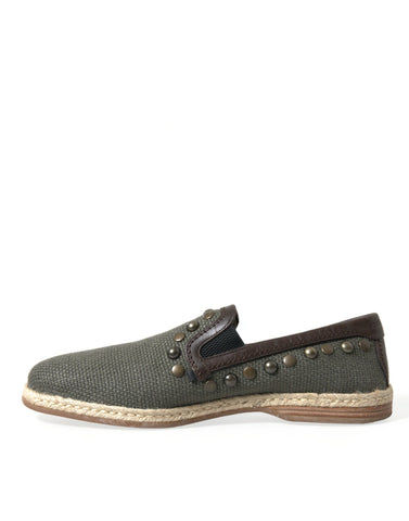 Gray linen leather studded loafers shoes by Dolce & Gabbana, featuring a classic slip-on design with stud accents.