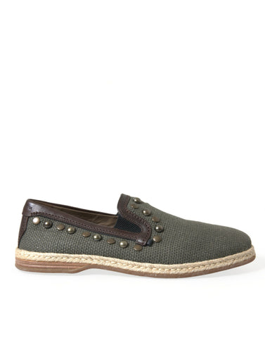 Gray linen leather studded loafers shoes by Dolce & Gabbana with sleek design and metal stud accents, perfect for stylish casual wear.