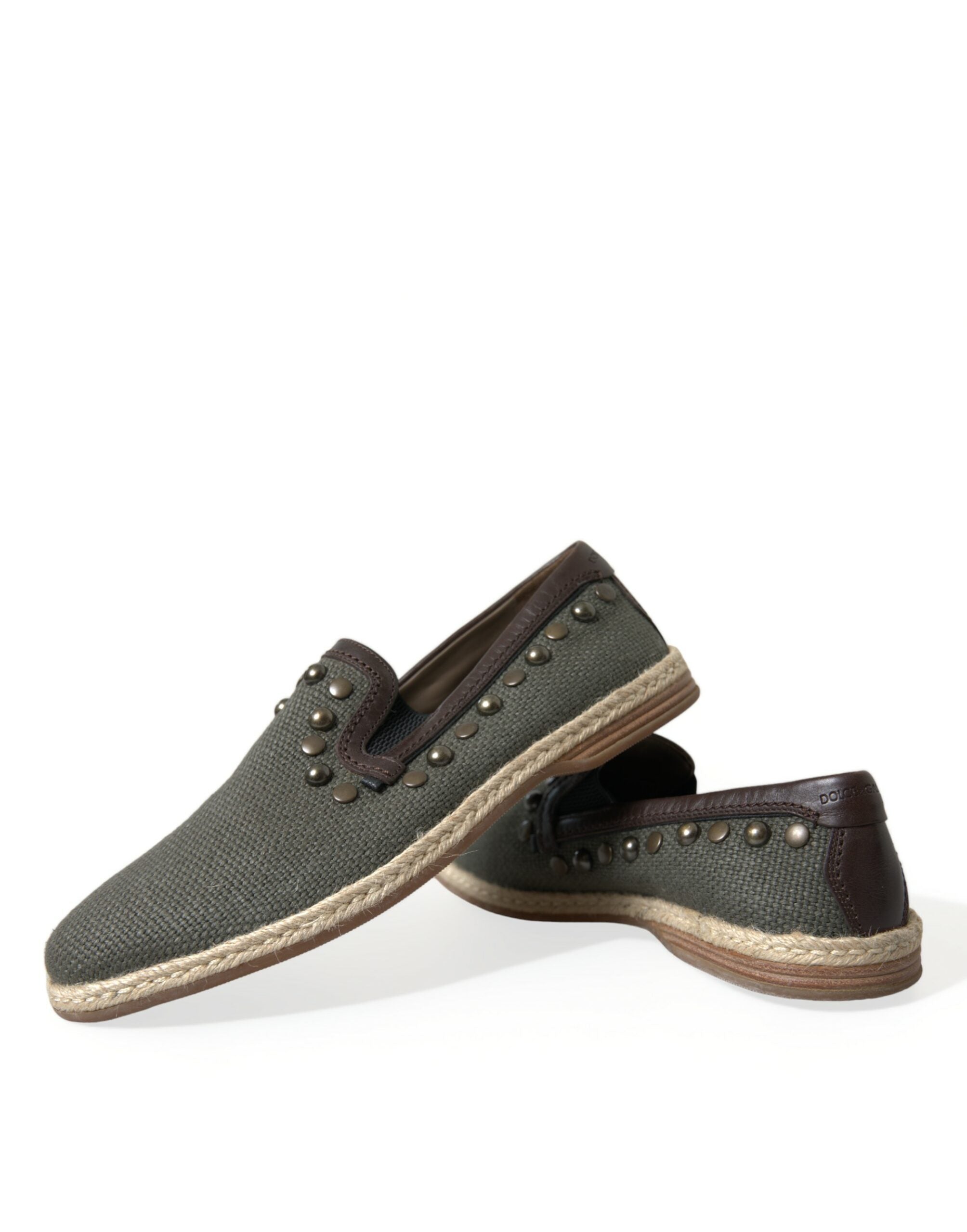 Gray linen leather studded loafers shoes by Dolce & Gabbana, featuring a classic slip-on design with studded accents.