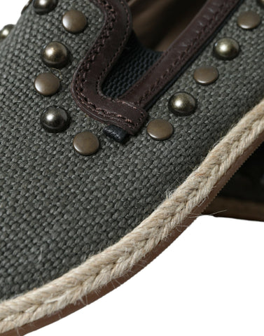 Gray linen and leather studded loafers shoes by Dolce & Gabbana featuring a stylish slip-on design.