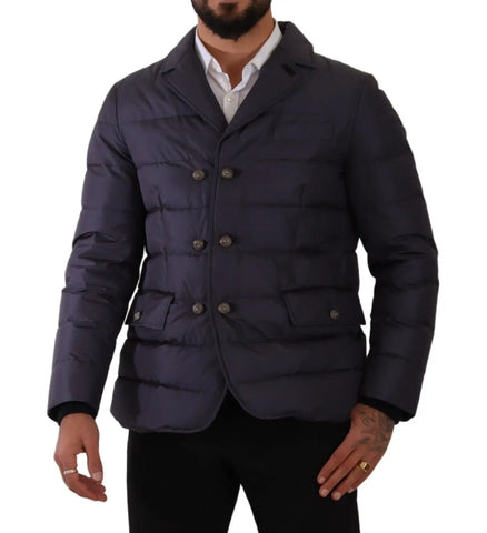 Blue silk goat coat blouson winter jacket by Dolce & Gabbana, featuring a stylish design and smooth silk fabric.