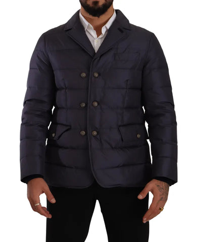 Blue silk goat coat blouson winter jacket by Dolce & Gabbana, featuring a stylish, smooth silk fabric and a classic blouson fit.
