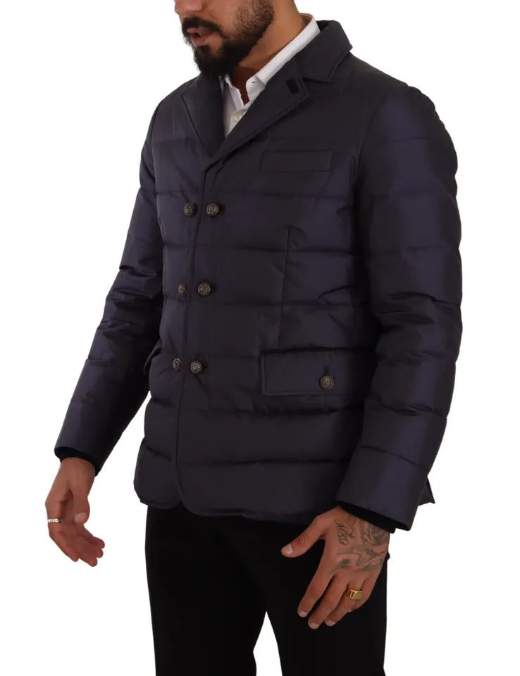Blue silk goat coat blouson winter jacket by Dolce & Gabbana, featuring a stylish, smooth silk fabric and a cozy, fitted design.
