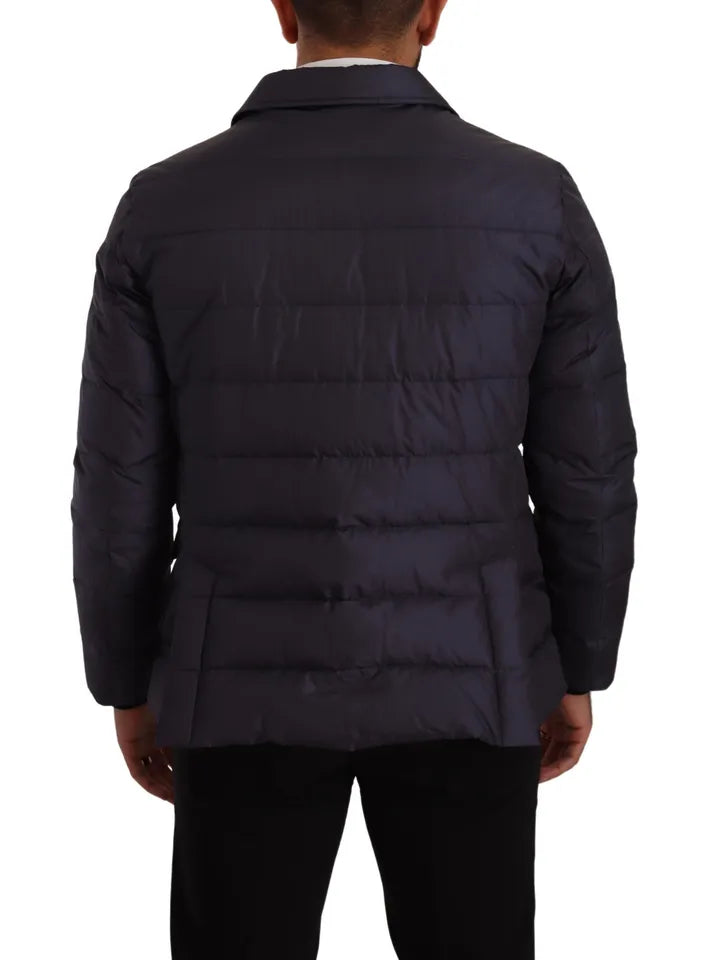 Blue silk goat coat blouson winter jacket by Dolce & Gabbana, featuring a stylish, smooth silk fabric with a relaxed fit.