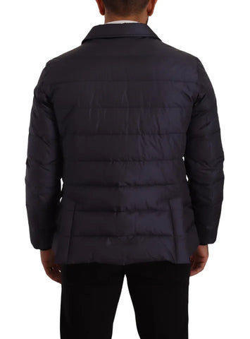 Blue silk goat coat blouson winter jacket by Dolce & Gabbana, featuring a stylish, smooth silk fabric with a relaxed fit.