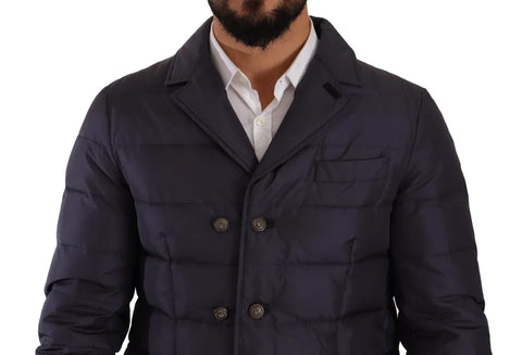 Blue silk goat coat blouson winter jacket by Dolce & Gabbana, featuring a stylish design and smooth silk fabric.