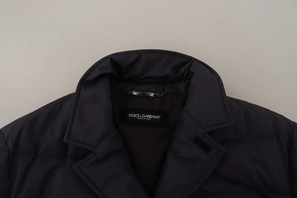 Blue silk goat coat blouson winter jacket by Dolce & Gabbana, featuring a stylish, smooth silk fabric and classic design.