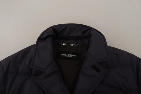 Blue silk goat coat blouson winter jacket by Dolce & Gabbana, featuring a stylish, smooth silk fabric and classic design.