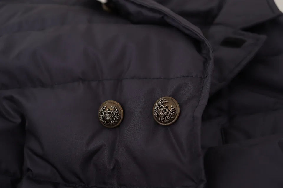Blue silk goat coat blouson winter jacket by Dolce & Gabbana, featuring a smooth silk finish and stylish cropped design.