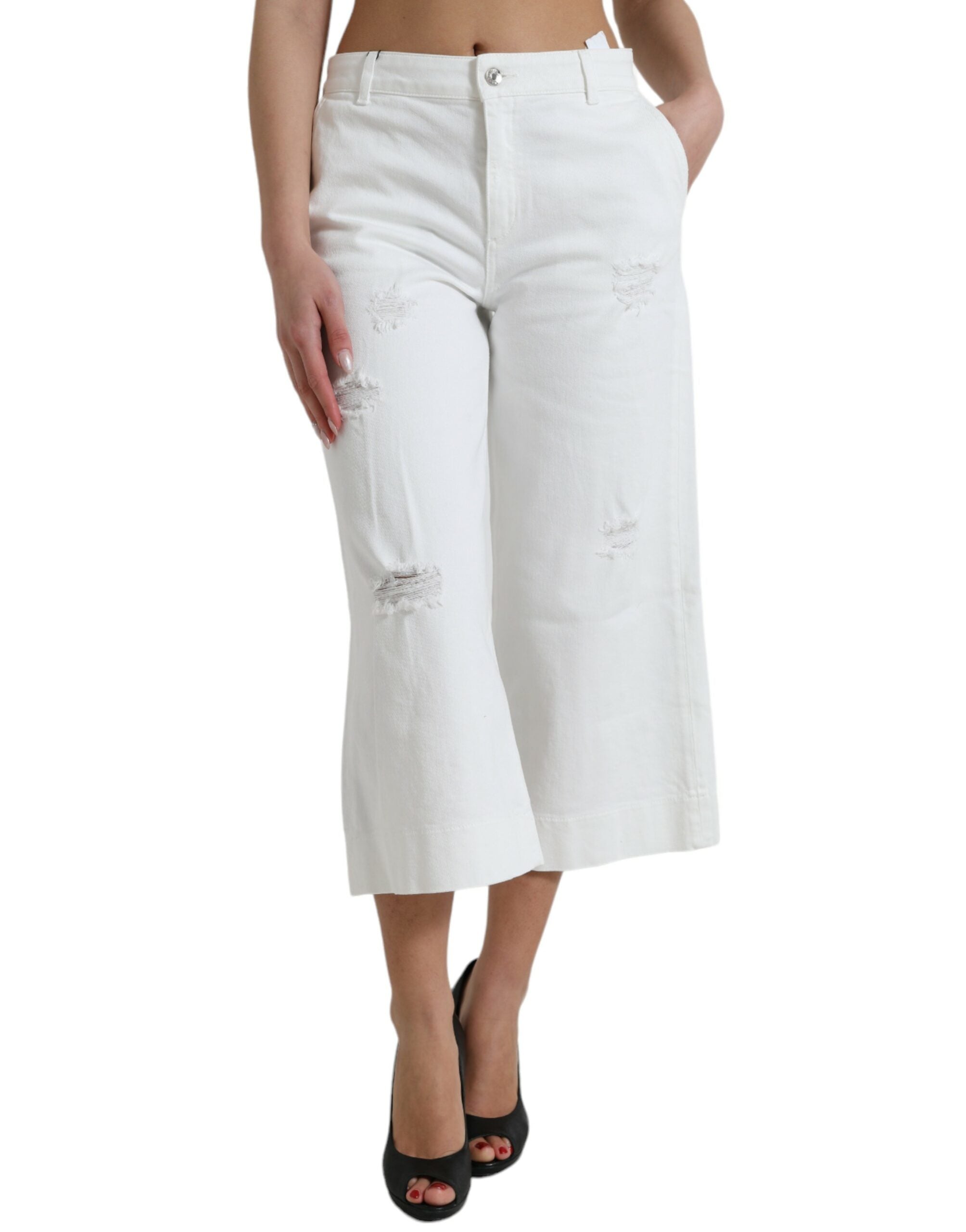 White cotton cropped wide-leg denim jeans by Dolce & Gabbana, featuring a relaxed fit and classic five-pocket design.