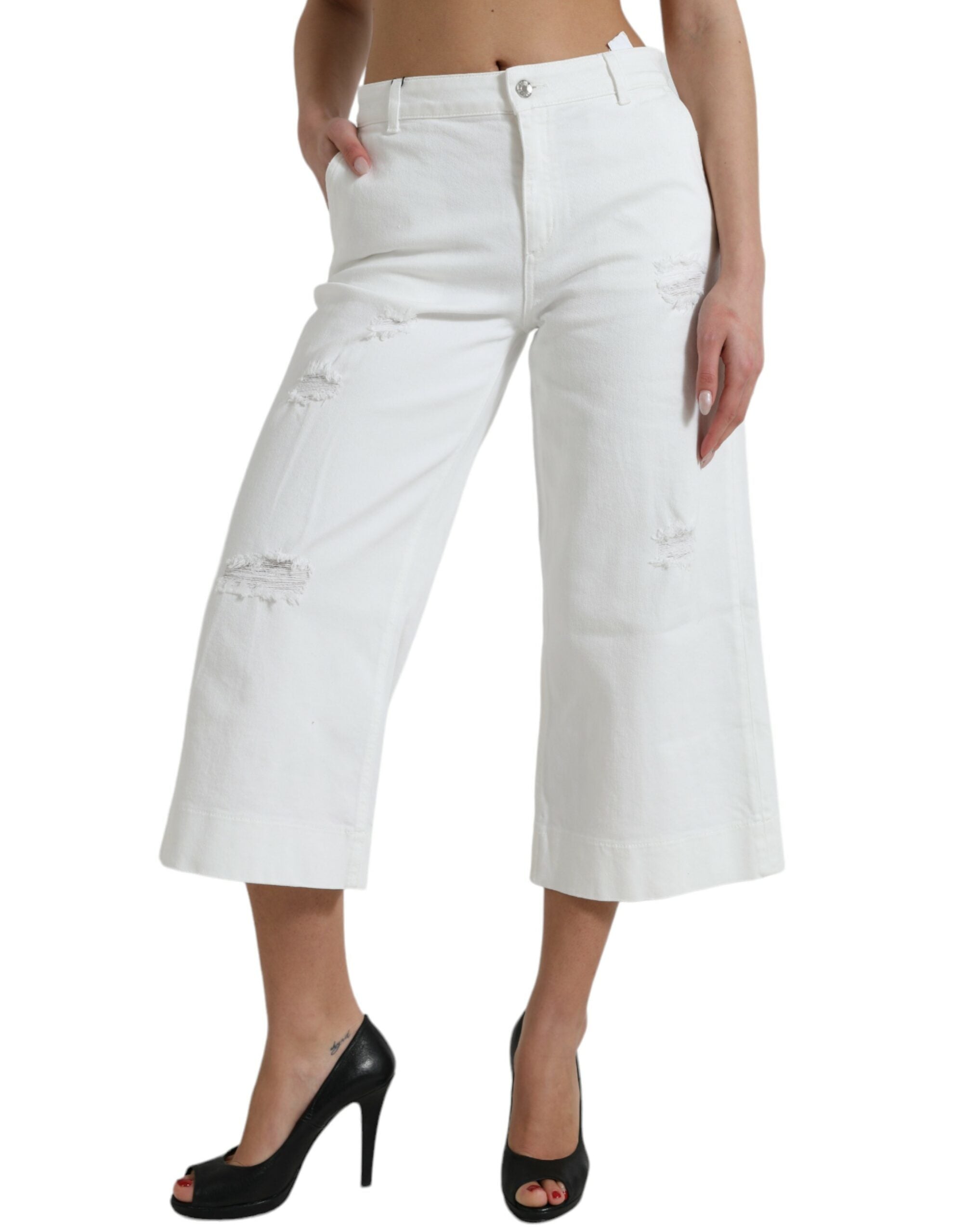 White cotton cropped wide-leg denim jeans by Dolce & Gabbana, showing relaxed fit and classic five-pocket design.