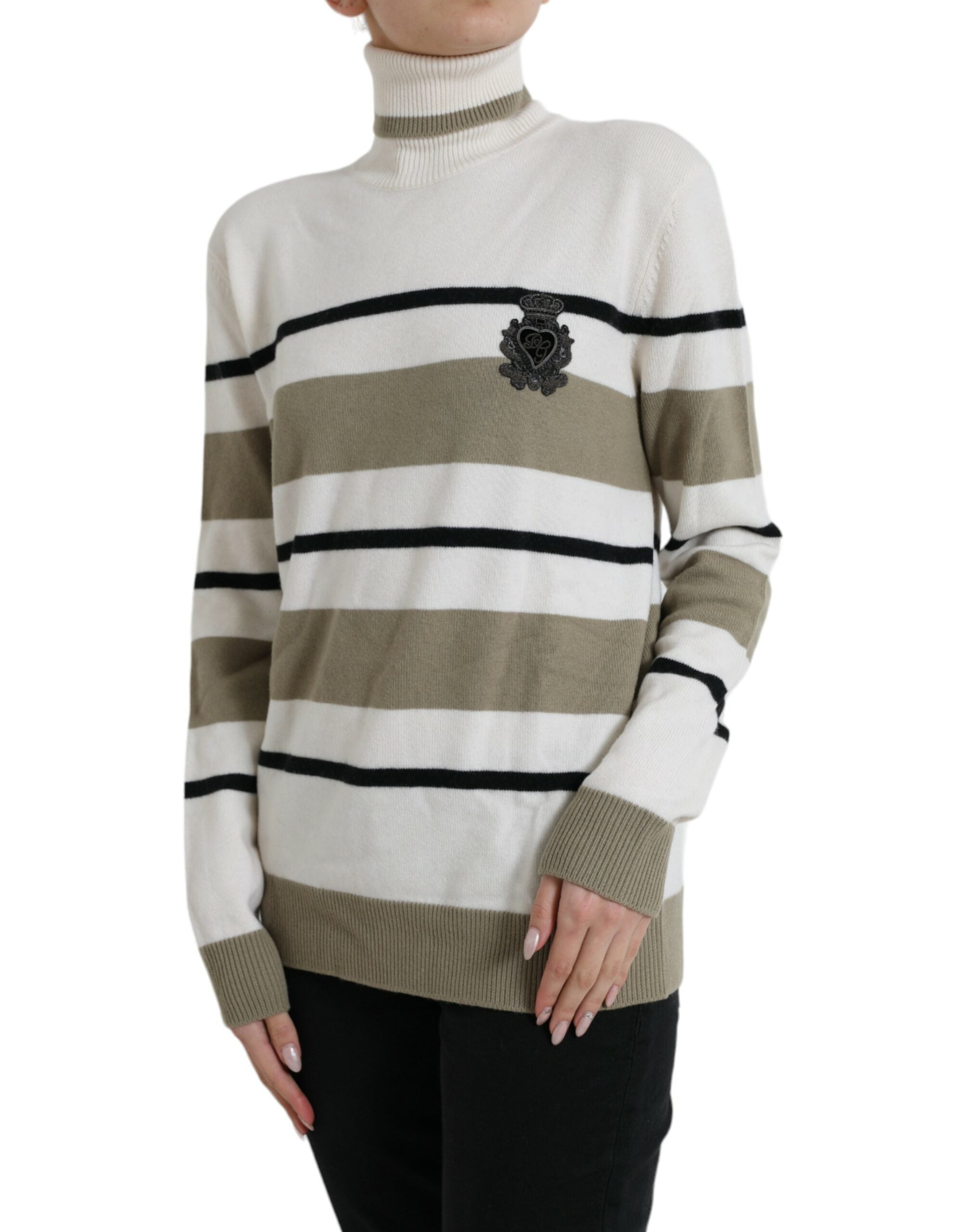 Multicolor stripe wool pullover sweater by Dolce & Gabbana featuring a logo design and ribbed cuffs.