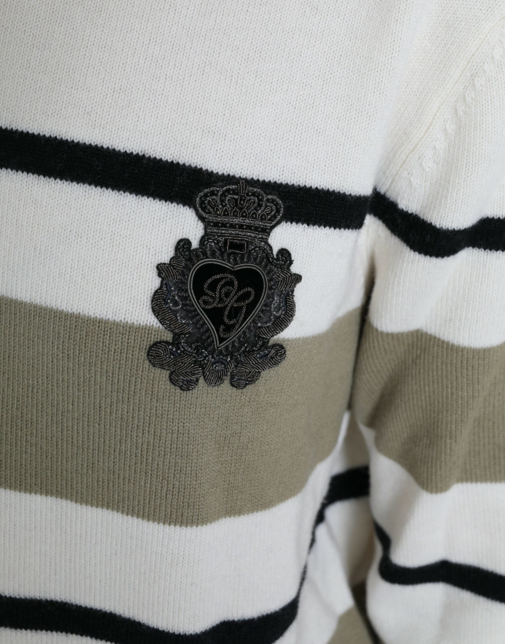 Multicolor stripe wool pullover sweater by Dolce & Gabbana featuring a prominent logo and cozy knit texture.