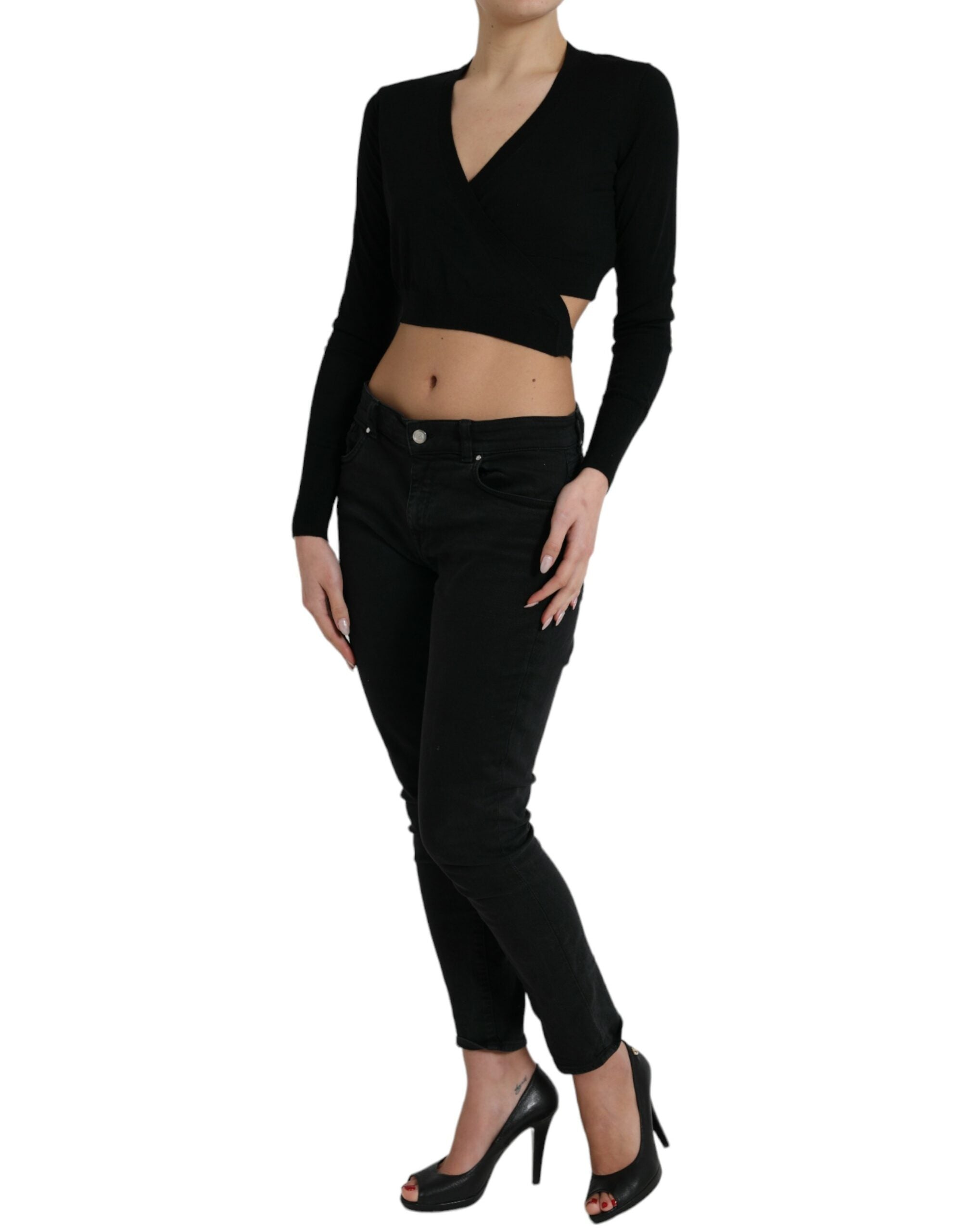 Black wool V-neck crossed cardigan sweater by Dolce & Gabbana, featuring a stylish V-neck and crossed front design.