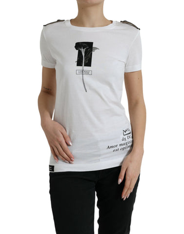 White cotton crewneck T-shirt by Dolce & Gabbana featuring black rose print design on the front.