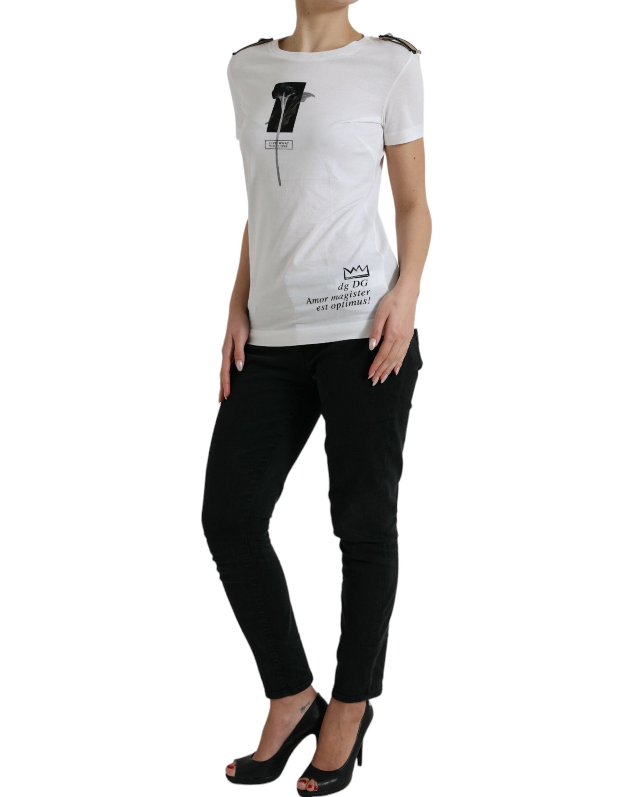 White crewneck cotton T-shirt with black rose print by Dolce & Gabbana, featuring a floral design on the front.