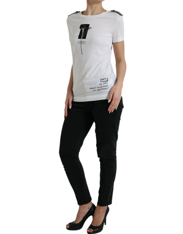 White crewneck cotton T-shirt with black rose print by Dolce & Gabbana, featuring a floral design on the front.