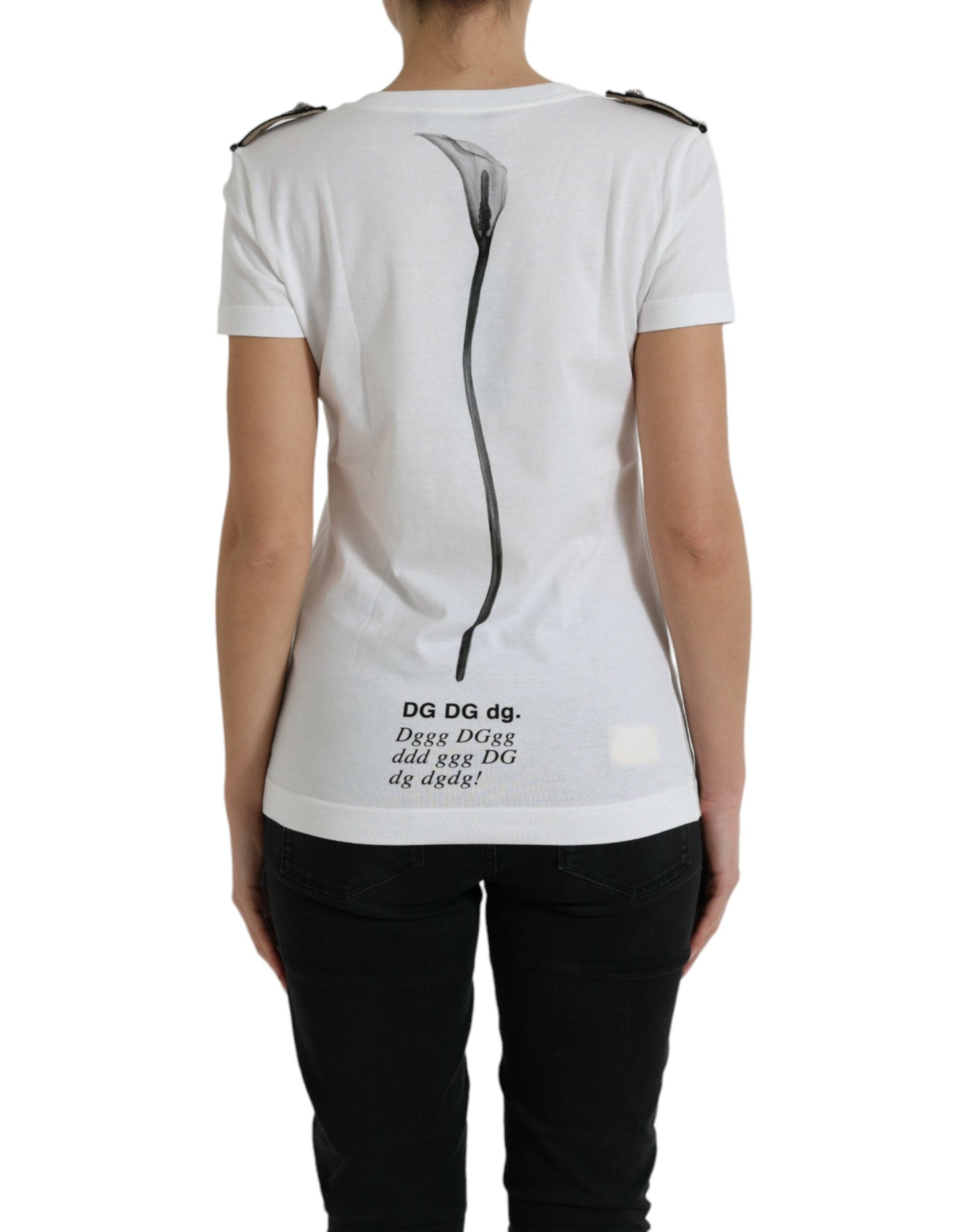 White cotton crewneck T-shirt with black rose print by Dolce & Gabbana displayed on a flat surface.