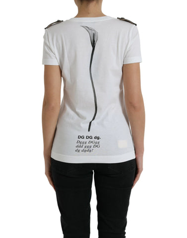 White cotton crewneck T-shirt with black rose print by Dolce & Gabbana displayed on a flat surface.