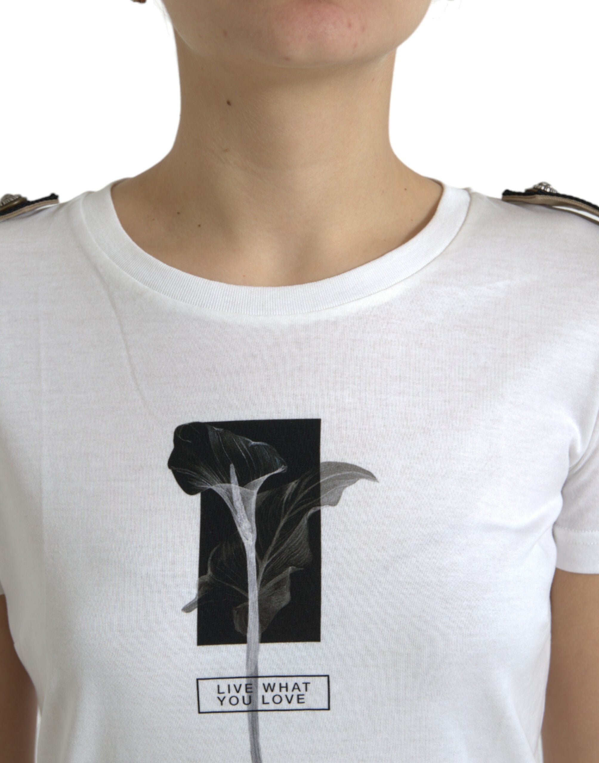White cotton crewneck T-shirt with black rose print by Dolce & Gabbana, showcasing floral design on the front.