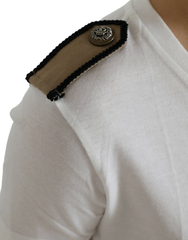 White cotton T-shirt with black rose print crewneck design by Dolce & Gabbana, featuring floral pattern and casual fit.