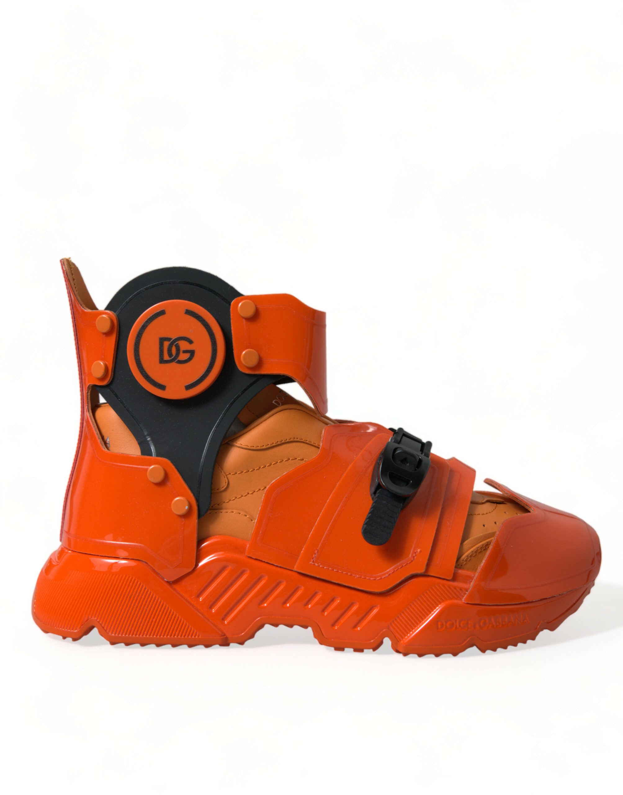 Orange multi-panel chunky high top sneakers by Dolce & Gabbana, featuring bold design and high-top silhouette.