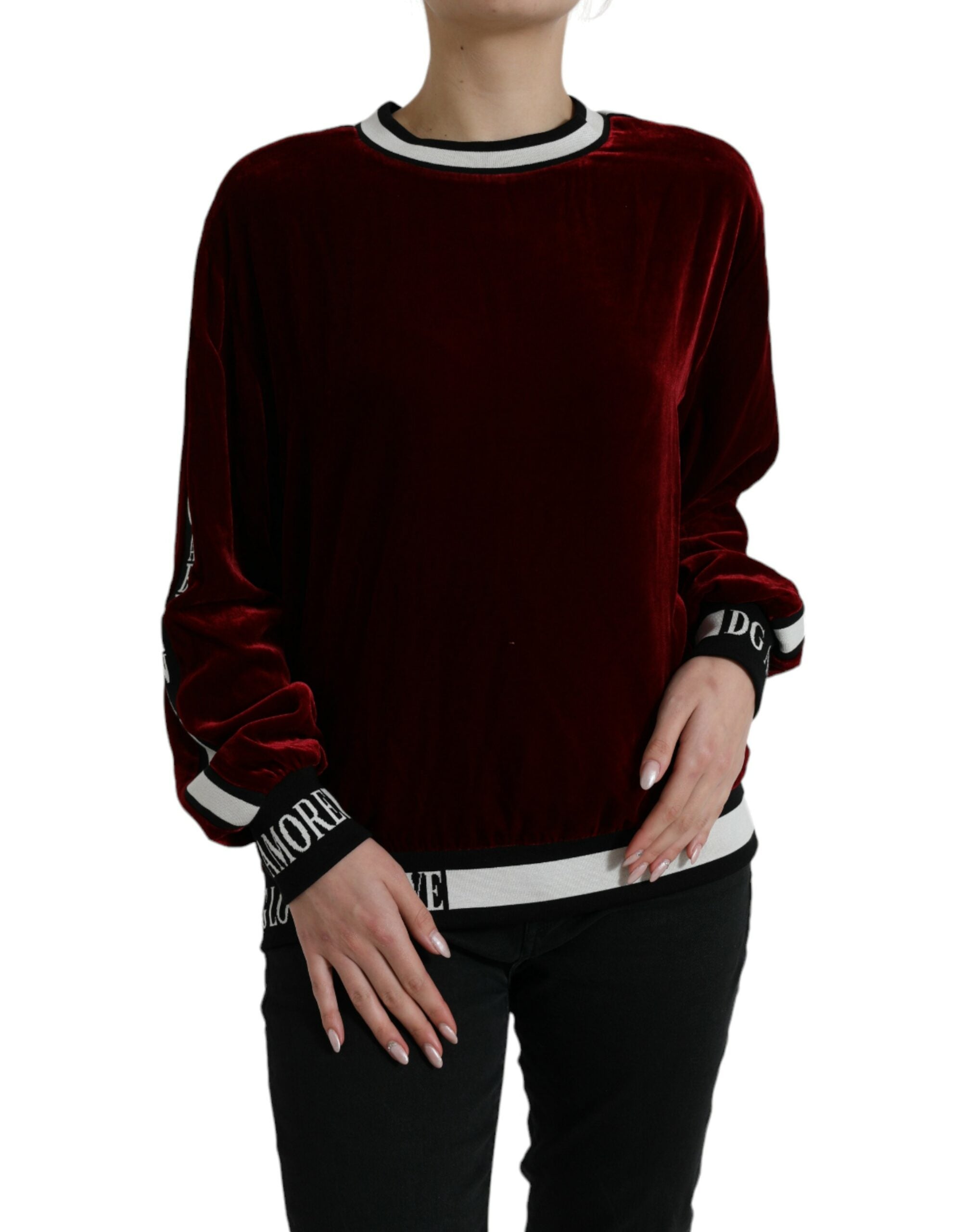 Dolce & Gabbana Bordeaux velvet round neck pullover sweater, close-up of rich red fabric and soft texture.