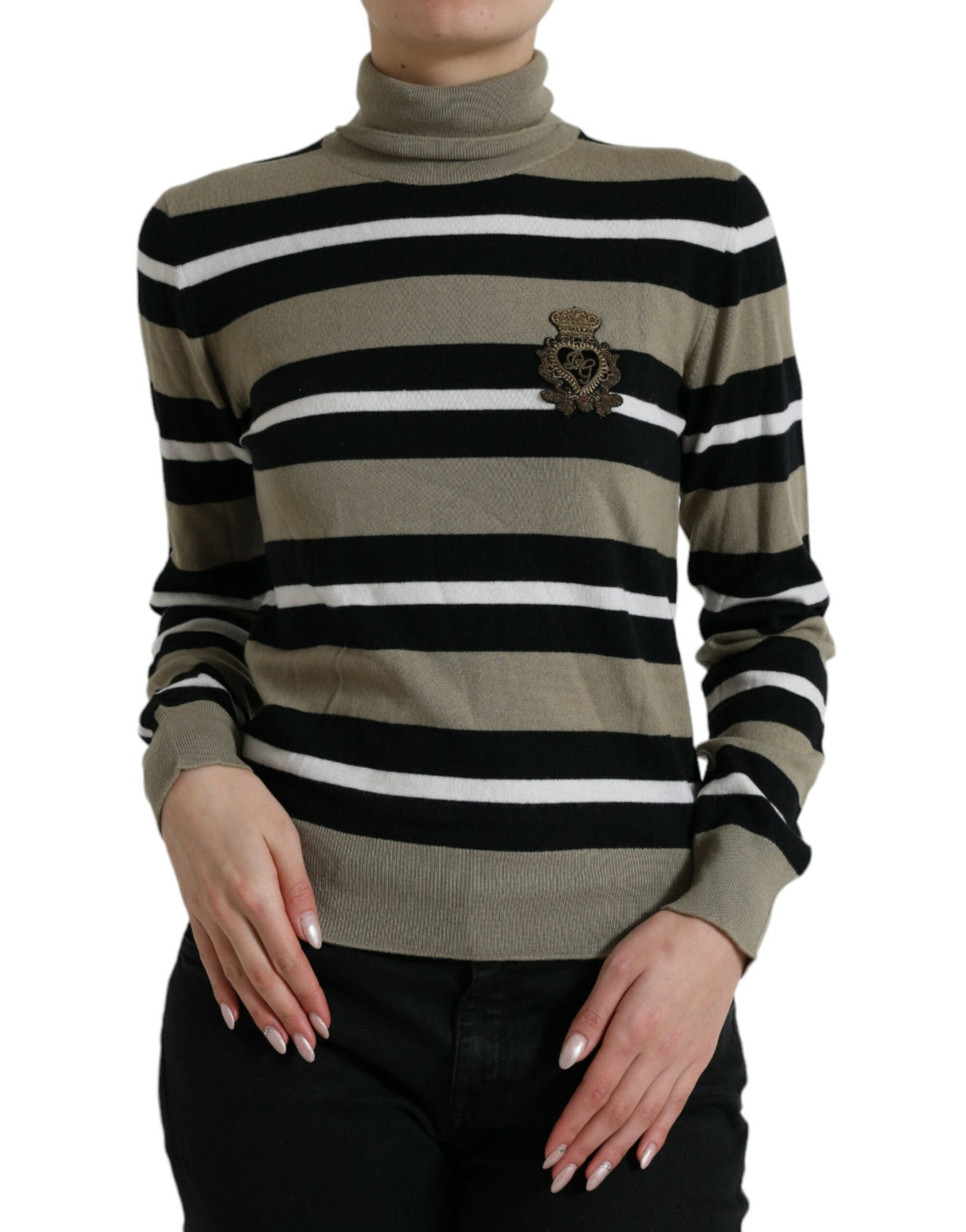 Multicolor stripe wool pullover sweater with Dolce & Gabbana logo, featuring a cozy knit design and vibrant color pattern.
