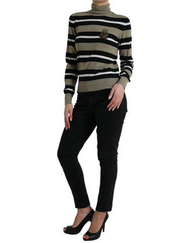 Multicolor stripe wool pullover sweater by Dolce & Gabbana featuring a logo design and ribbed cuffs and hem.