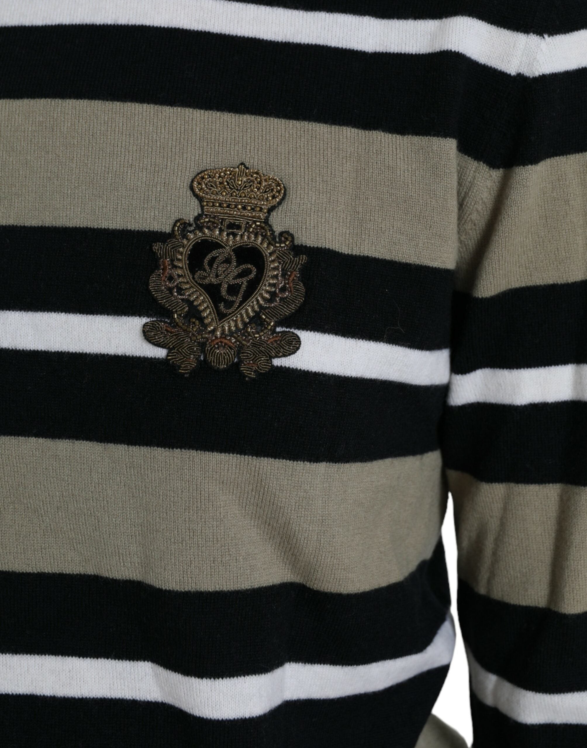 Multicolor stripe wool pullover sweater by Dolce & Gabbana with logo detail and ribbed cuffs, displayed on a neutral background.