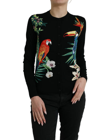 Black Bird Wool Long Sleeve Cardigan Sweater by Dolce & Gabbana, featuring a textured knit design and button-front closure.