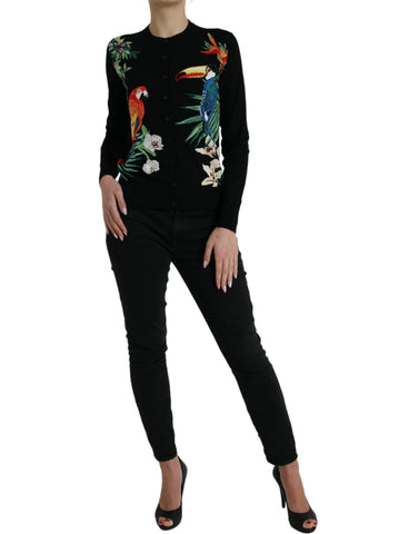 Black Bird Wool Long Sleeve Cardigan Sweater by Dolce & Gabbana, featuring a cozy fit and detailed bird embroidery.