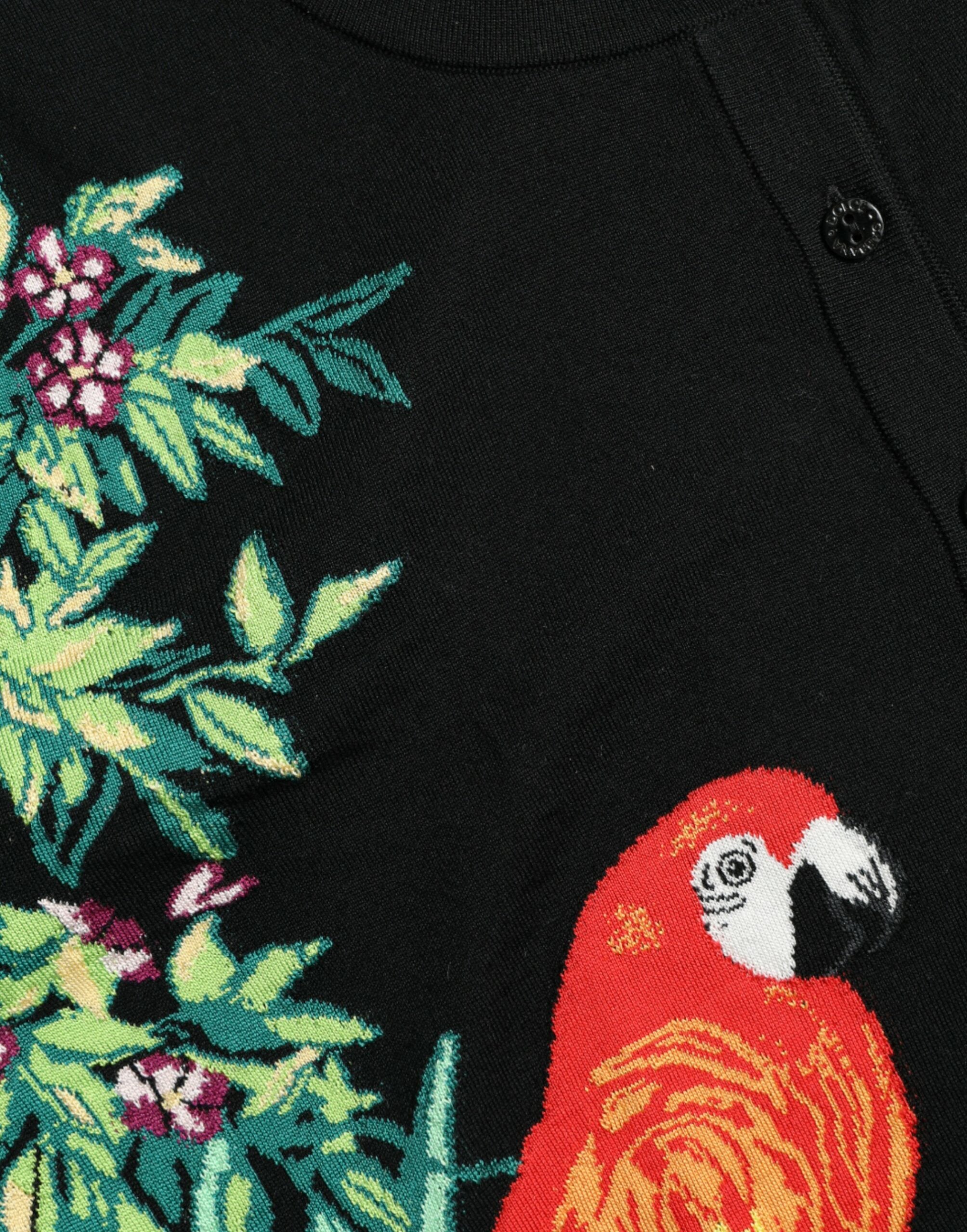 Black Bird Wool Long Sleeve Cardigan Sweater by Dolce & Gabbana, featuring a cozy wool fabric and a stylish bird pattern.