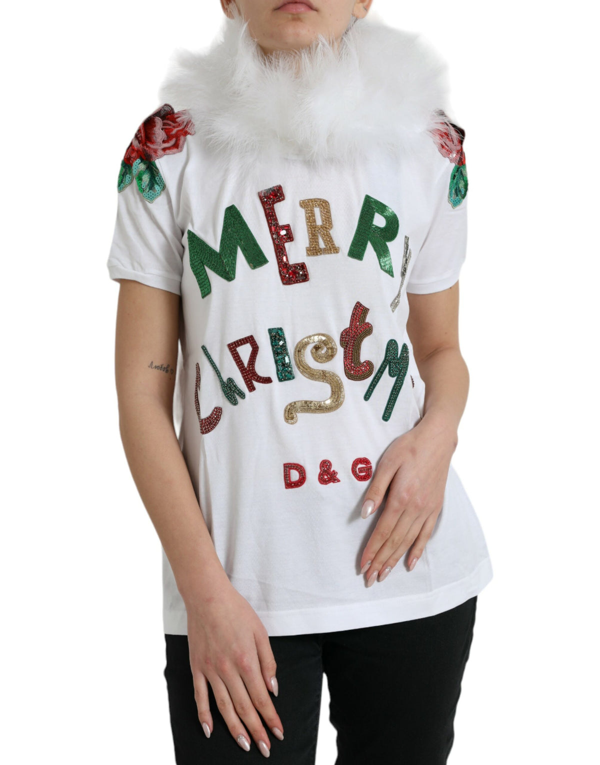 White cotton Christmas sequin fur T-shirt by Dolce & Gabbana featuring festive sequin details and soft fur accents.