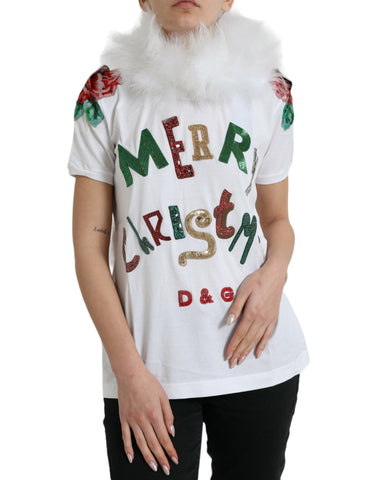 White cotton Christmas sequin fur T-shirt by Dolce & Gabbana featuring festive sequin details and soft fur accents.