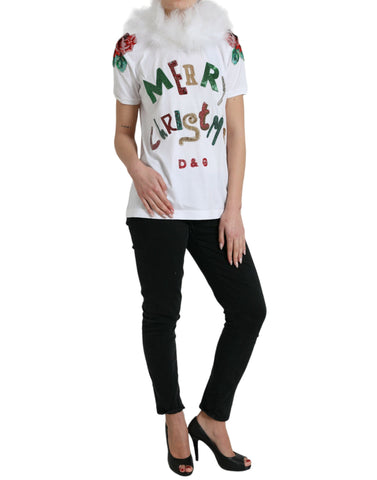 White cotton T-shirt with Christmas sequins and fur trim by Dolce & Gabbana, featuring festive holiday design.