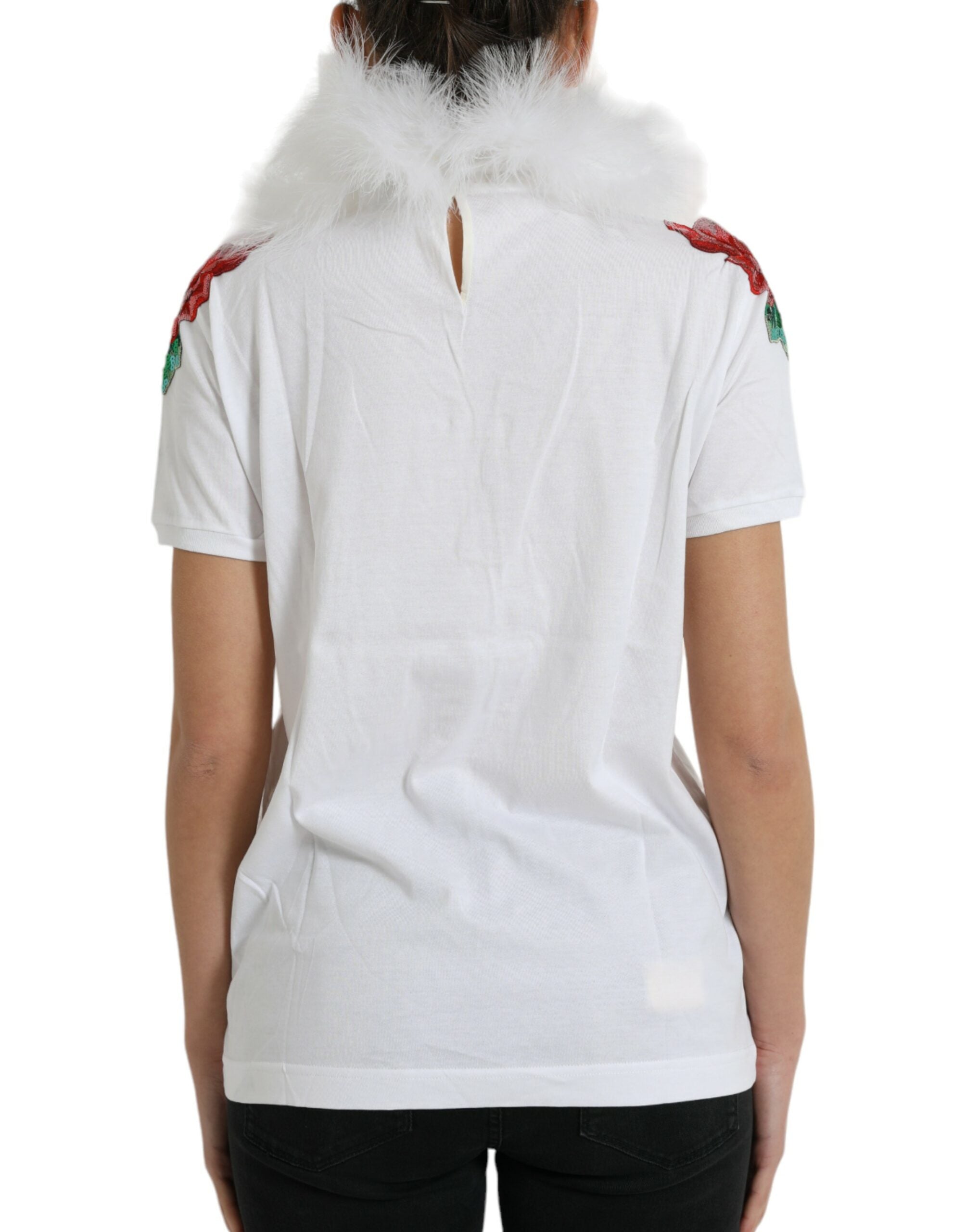 White cotton Christmas sequin fur T-shirt by Dolce & Gabbana with festive sequin details and soft fur accents.
