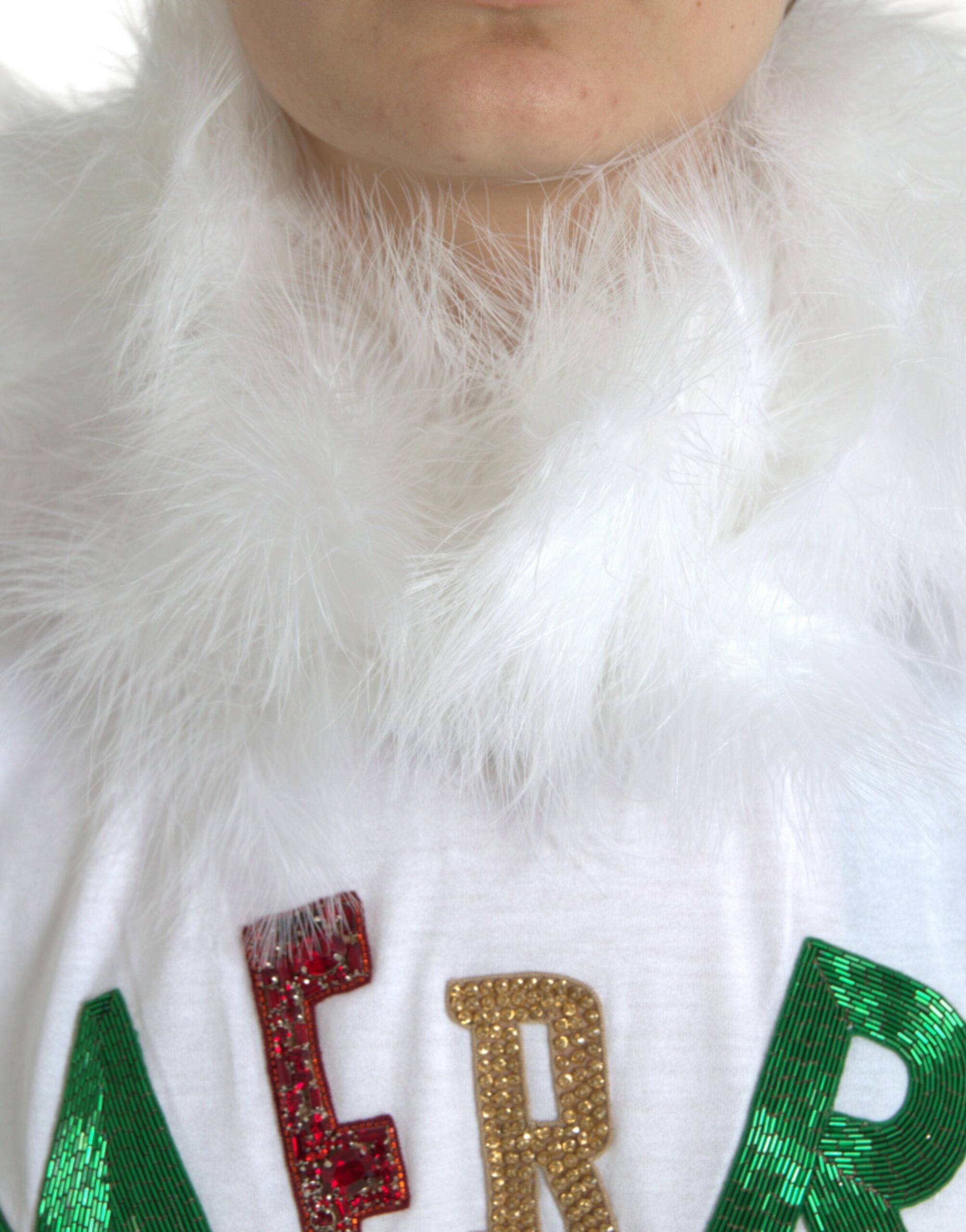 White cotton Christmas sequin fur T-shirt by Dolce & Gabbana featuring festive sequins and soft fur accents.
