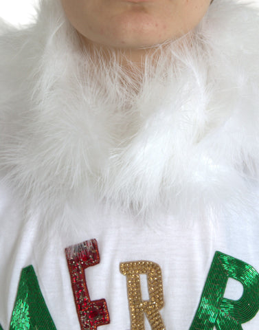 White cotton Christmas sequin fur T-shirt by Dolce & Gabbana featuring festive sequins and soft fur accents.