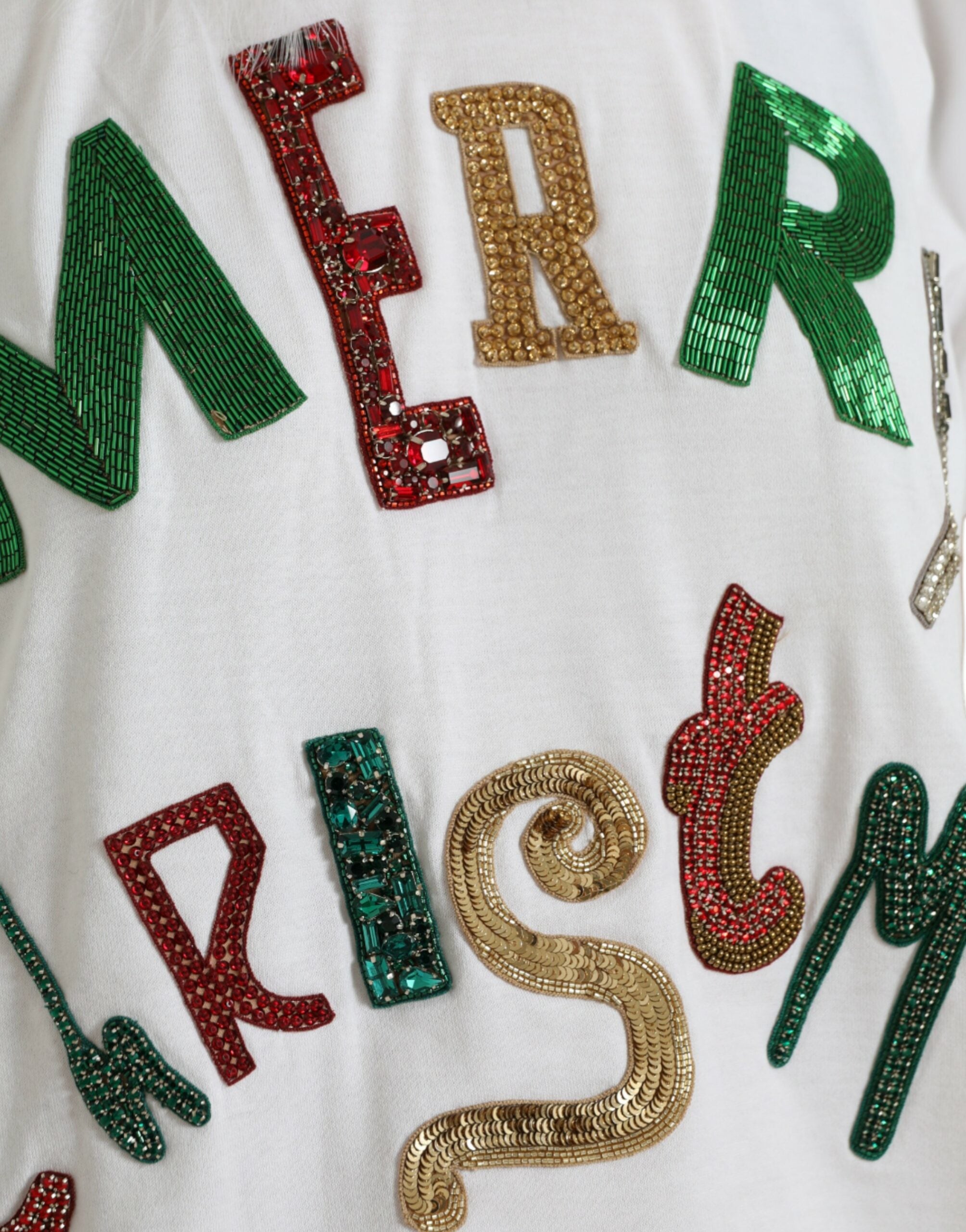 White cotton Christmas sequin fur T-shirt by Dolce & Gabbana with festive sequined details and soft fur accents.