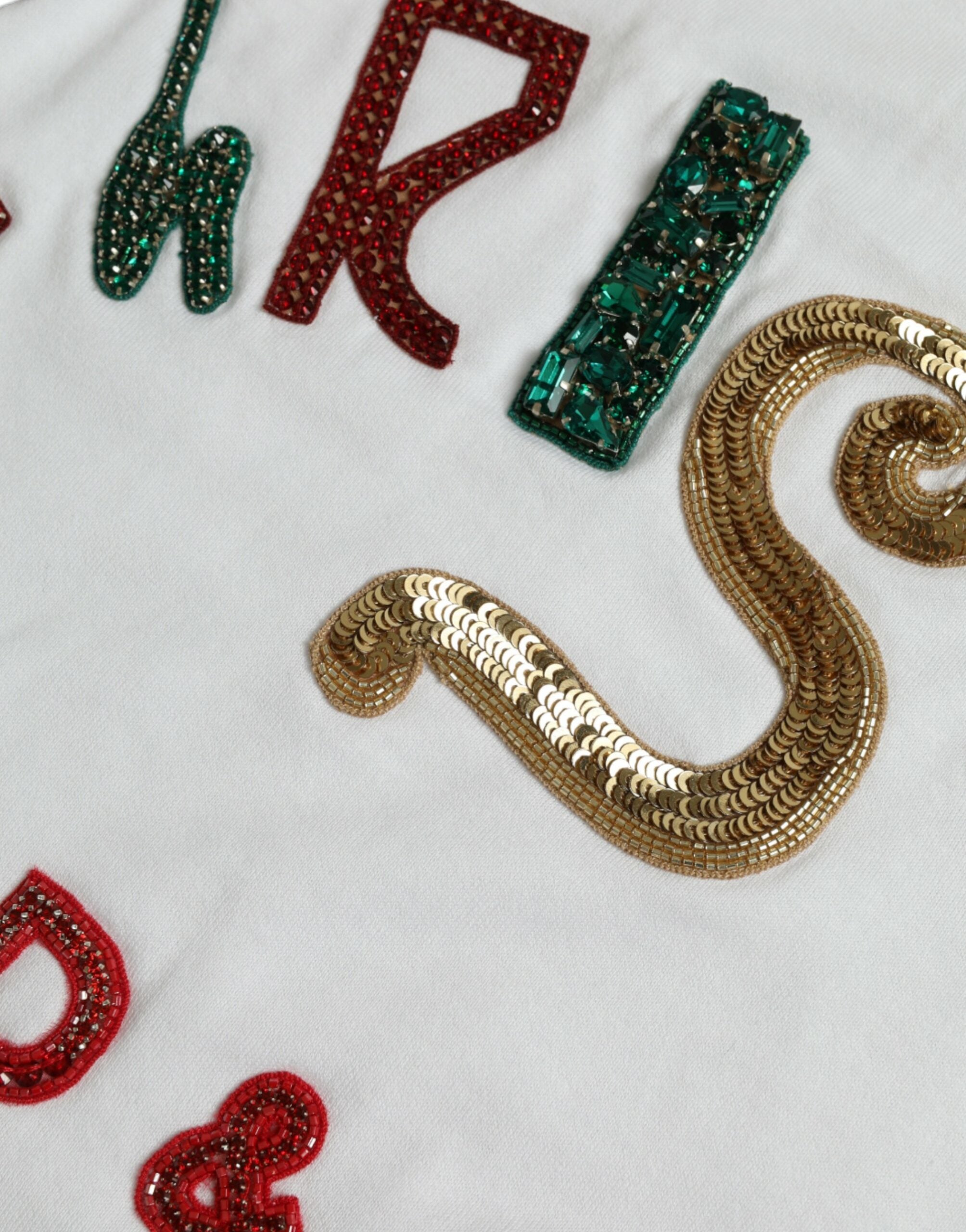 White cotton Christmas sequin fur T-shirt by Dolce & Gabbana, featuring festive sequins and soft fur accents.