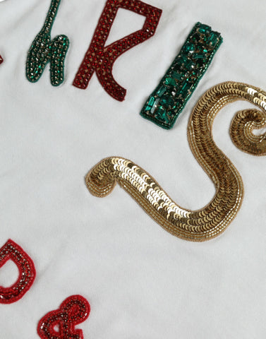 White cotton Christmas sequin fur T-shirt by Dolce & Gabbana, featuring festive sequins and soft fur accents.