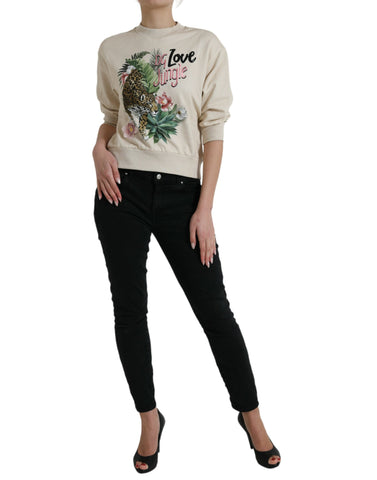 Beige jungle print cotton pullover sweater by Dolce & Gabbana featuring a relaxed fit and detailed botanical design.