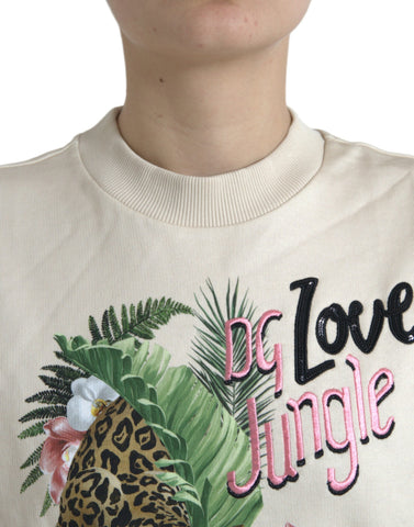 Beige jungle printed cotton pullover sweater by Dolce & Gabbana, featuring a detailed jungle pattern and comfortable fit.