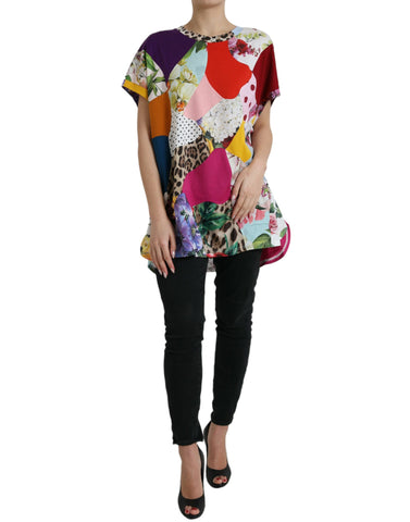 Multicolor patchwork cotton silk blouse top by Dolce & Gabbana featuring vibrant fabric and stylish design.