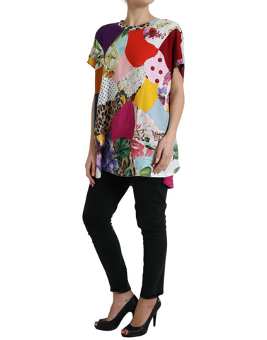 Multicolor patchwork cotton silk blouse top by Dolce & Gabbana featuring vibrant fabric and a stylish, fitted design.