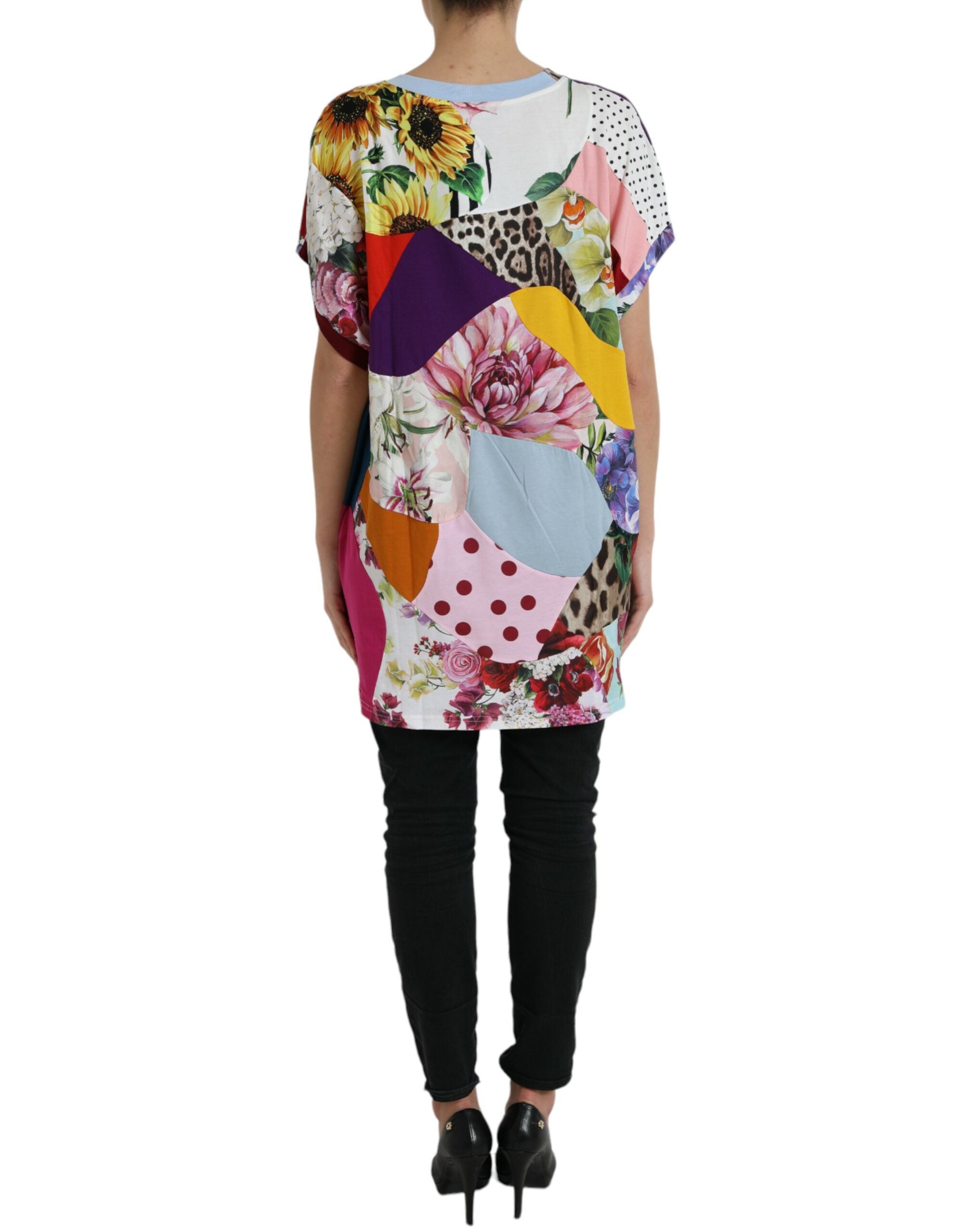 Multicolor patchwork cotton silk blouse top by Dolce & Gabbana, featuring vibrant fabric and stylish design.